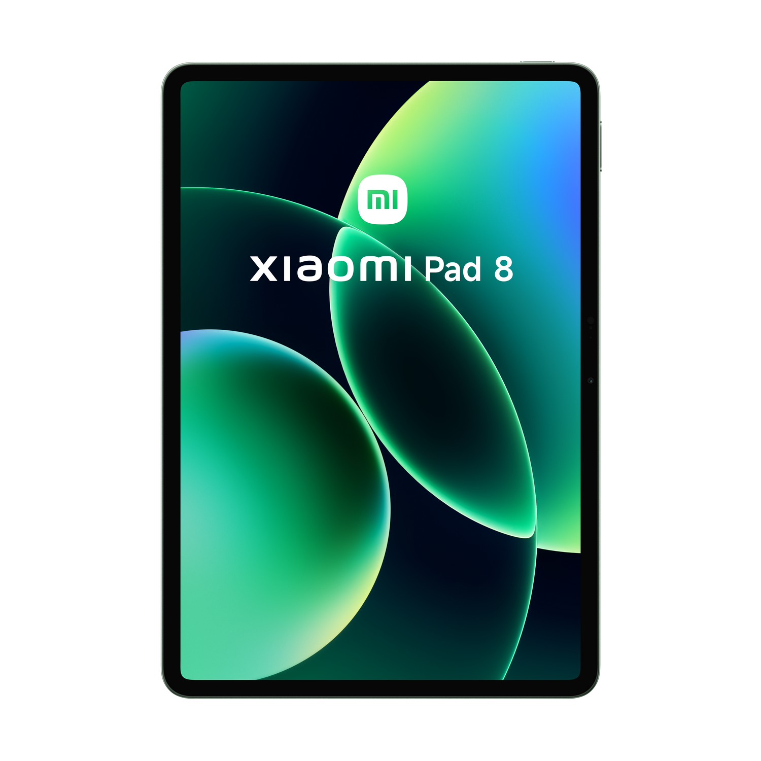 Una tableta Xiaomi Pad 8 mostrada con un fondo abstracto verde.