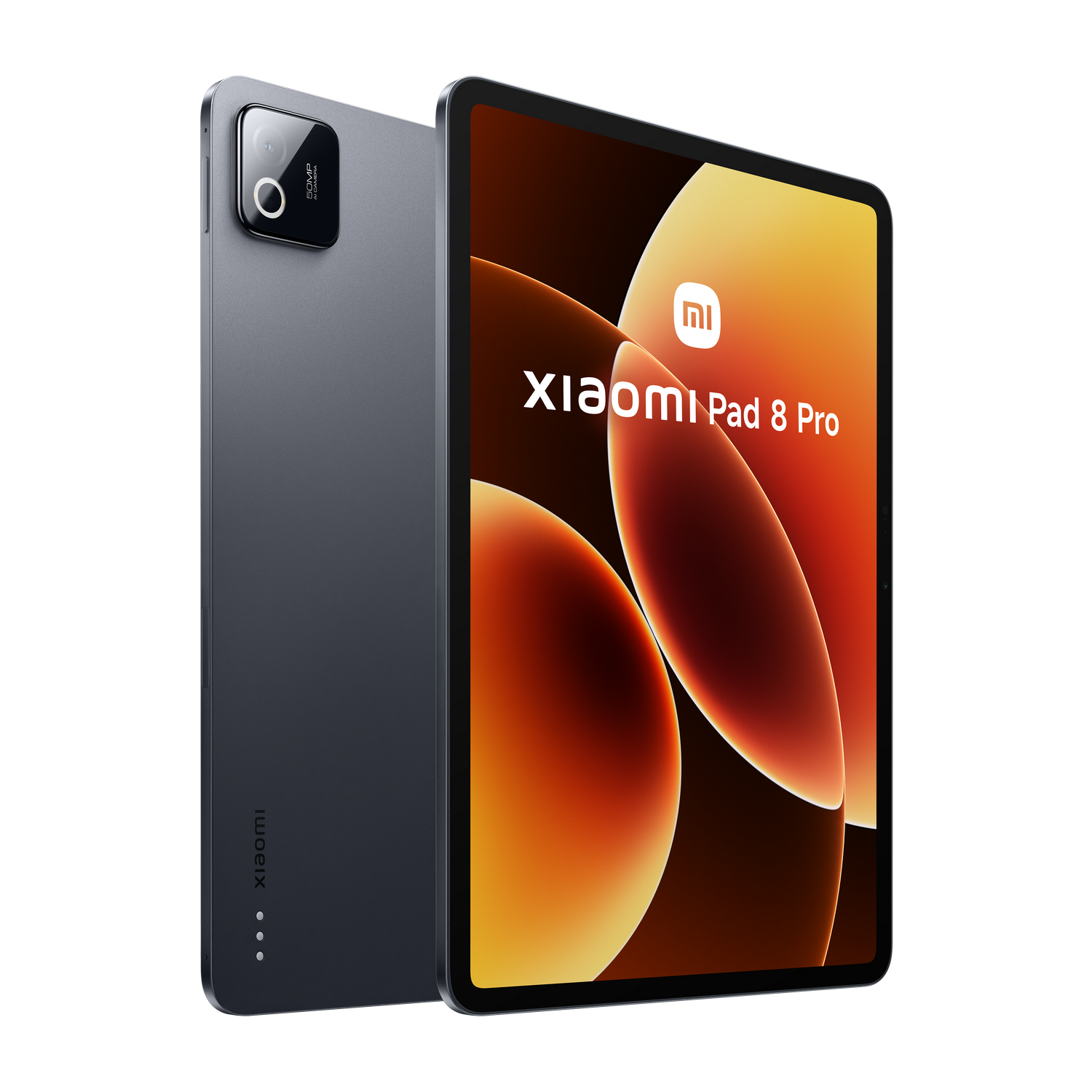 Tablet Xiaomi Pad 8 Pro gris oscuro con módulo de cámara y pantalla iluminada.
