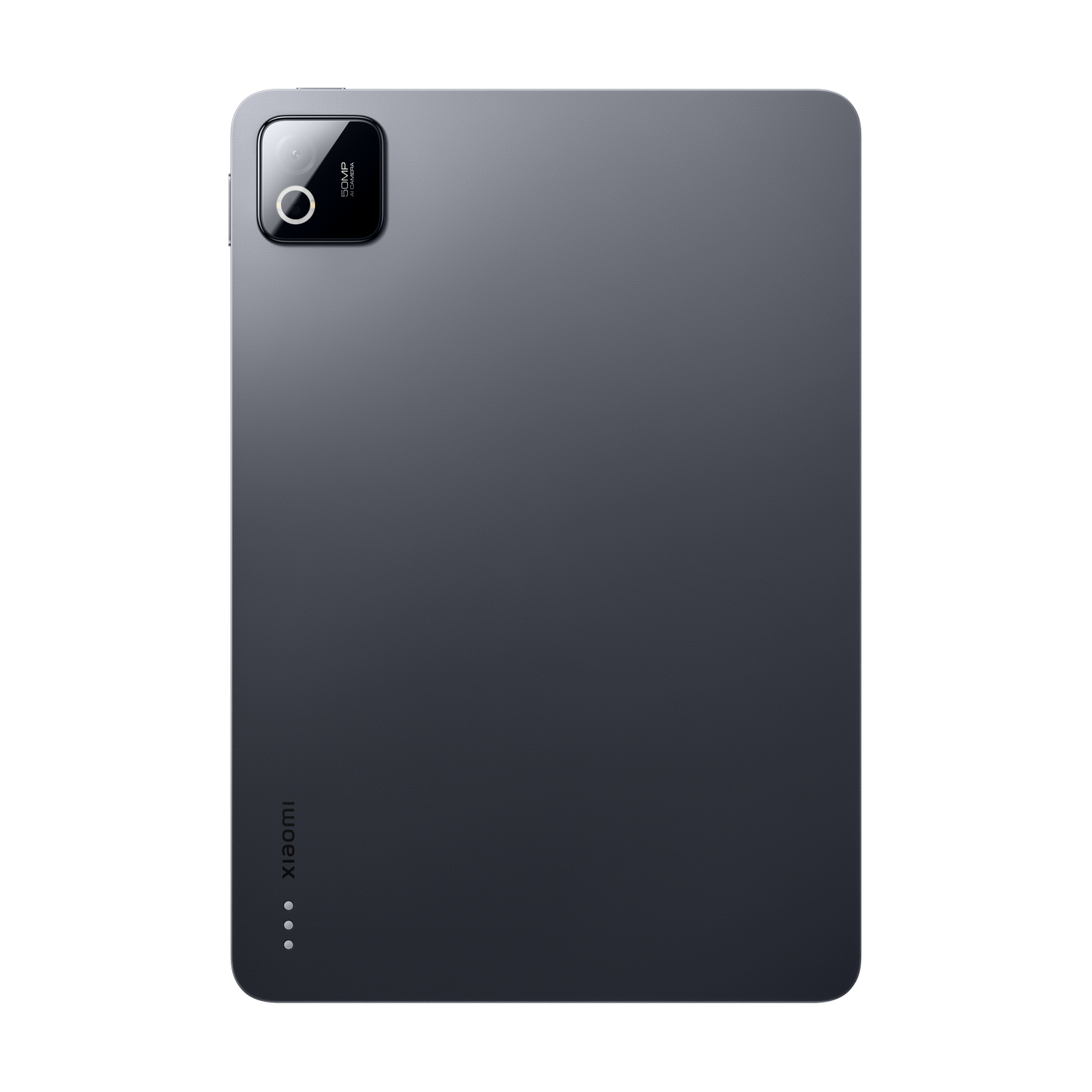Parte trasera de una tableta gris con cámara de 50MP y logo Xiaomi.