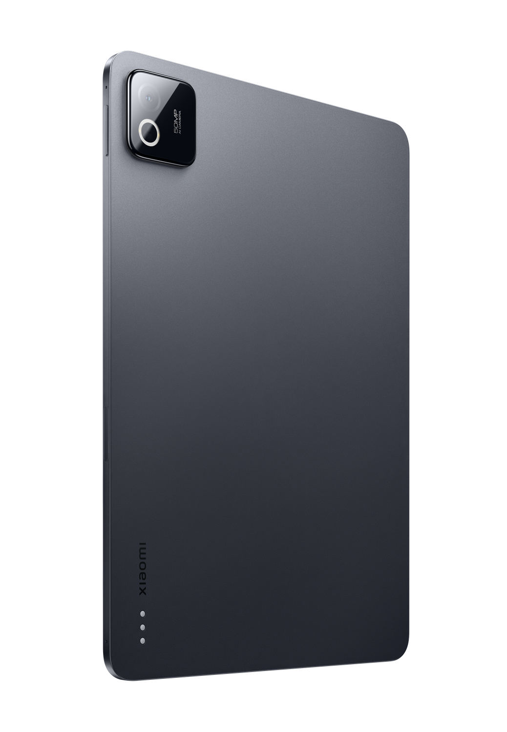 Parte trasera de una tablet gris con módulo de cámara y logo Xiaomi.