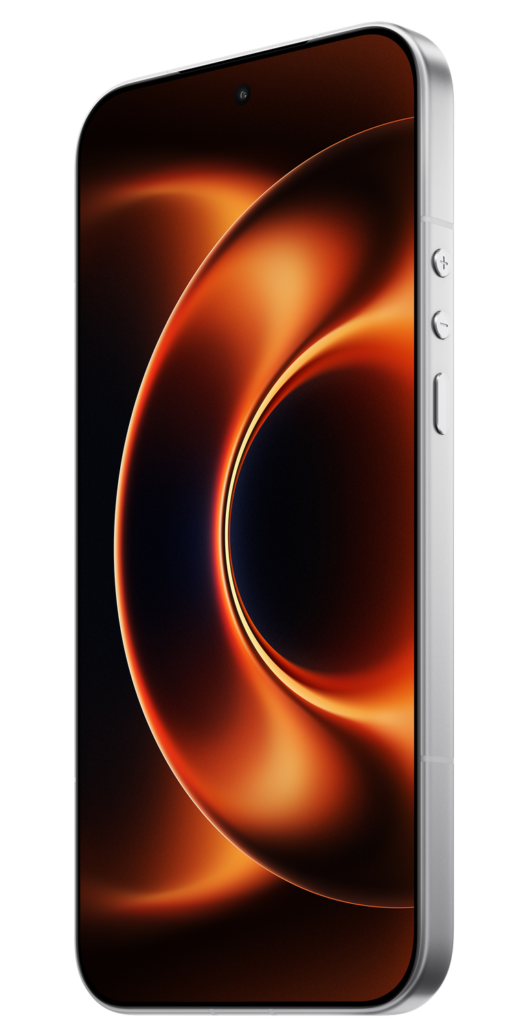 Un smartphone plateado con un diseño abstracto naranja en la pantalla.