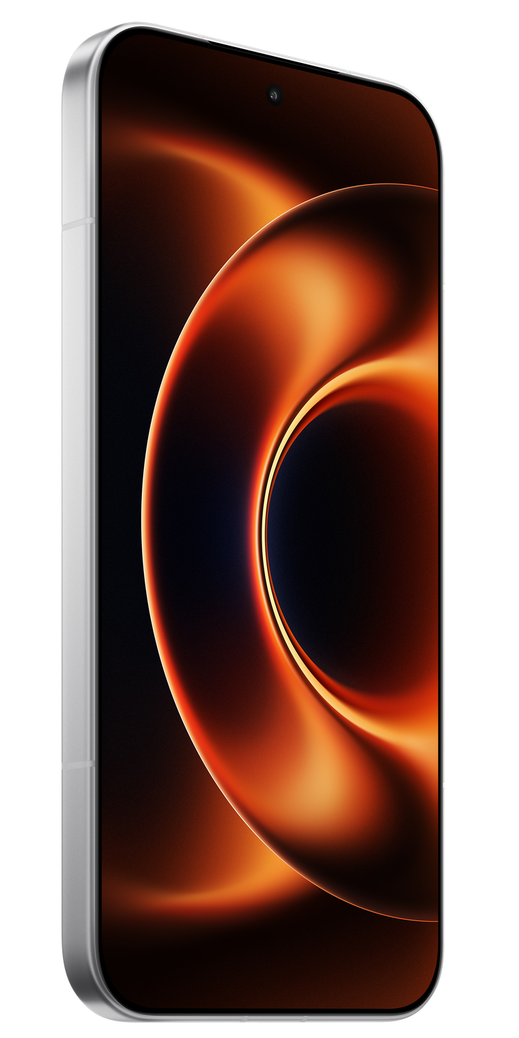Marco plateado de smartphone con fondo naranja abstracto.