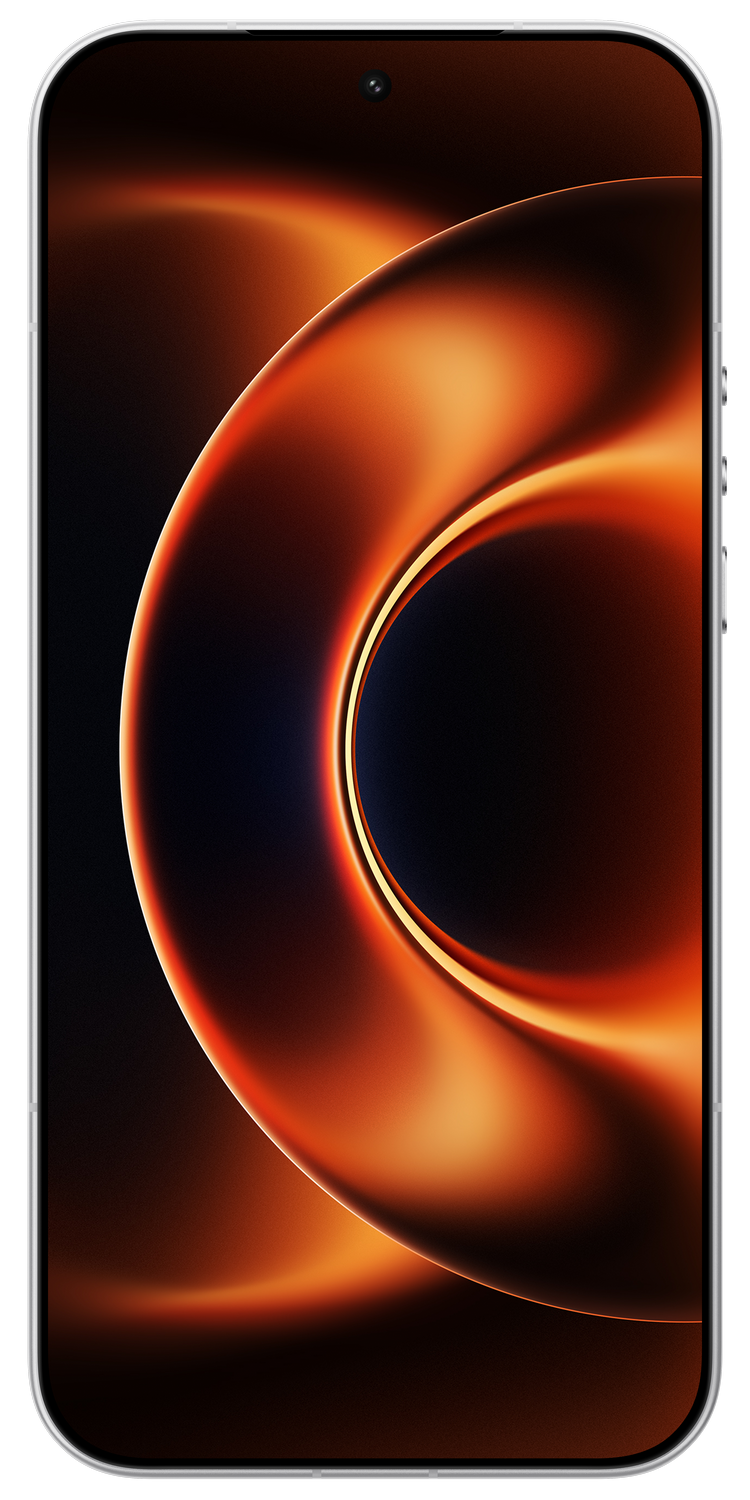 Un smartphone que muestra un fondo abstracto naranja y negro.