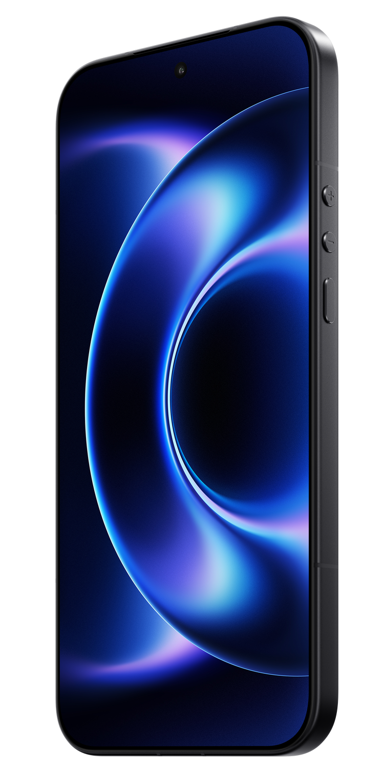 Un smartphone oscuro con un fondo de pantalla abstracto azul y arremolinado.