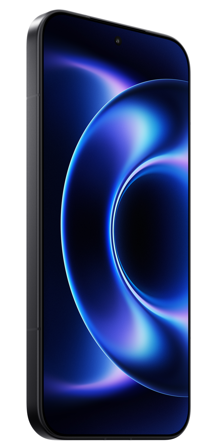 Un smartphone oscuro con un fondo abstracto azul arremolinado.