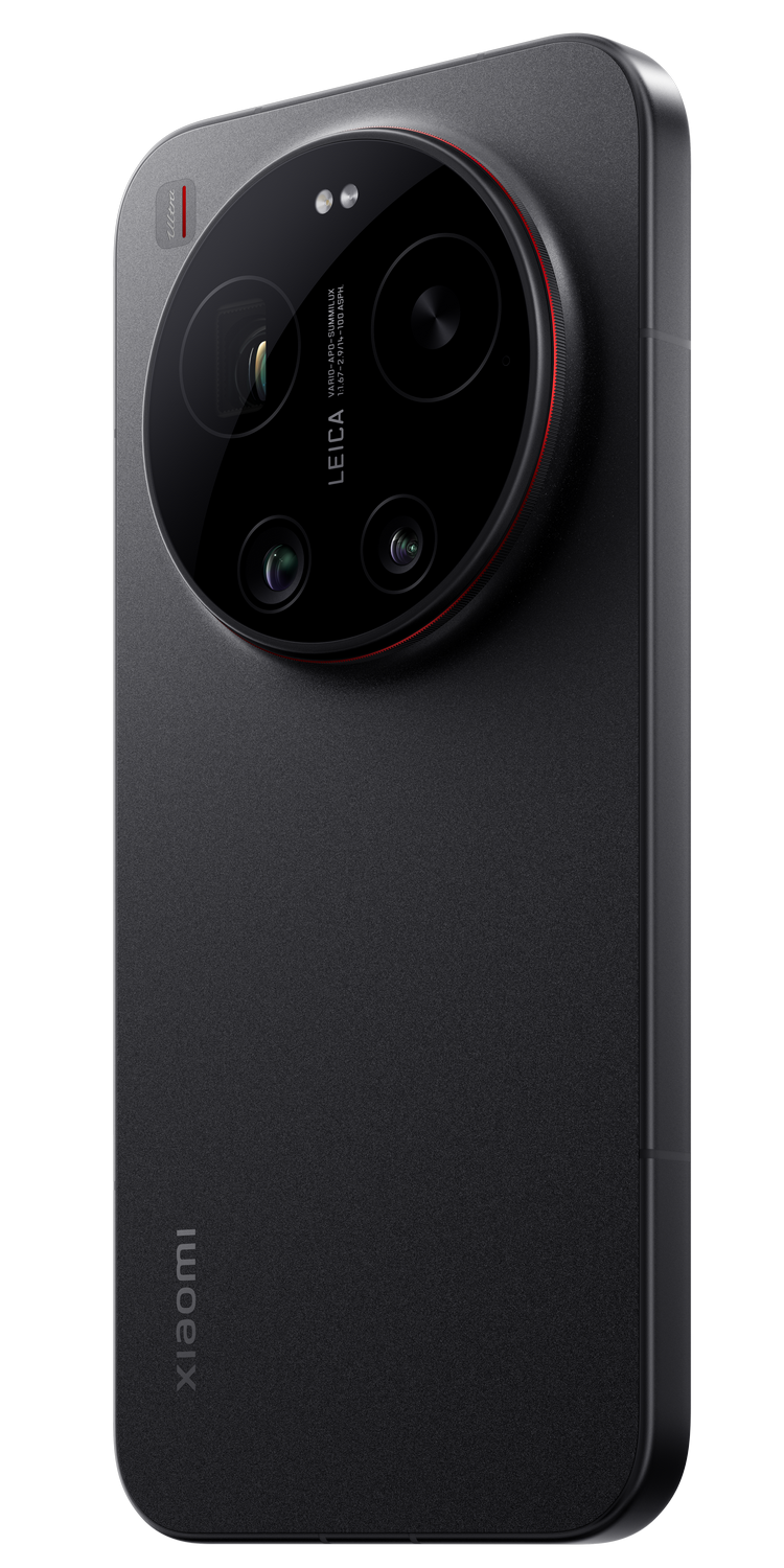 Teléfono negro con módulo de cámara redondo grande, logo Leica.