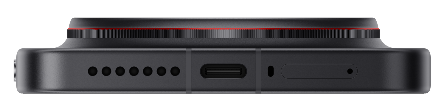 Vista superior de un dispositivo rectangular oscuro con puerto USB-C y rejillas.
