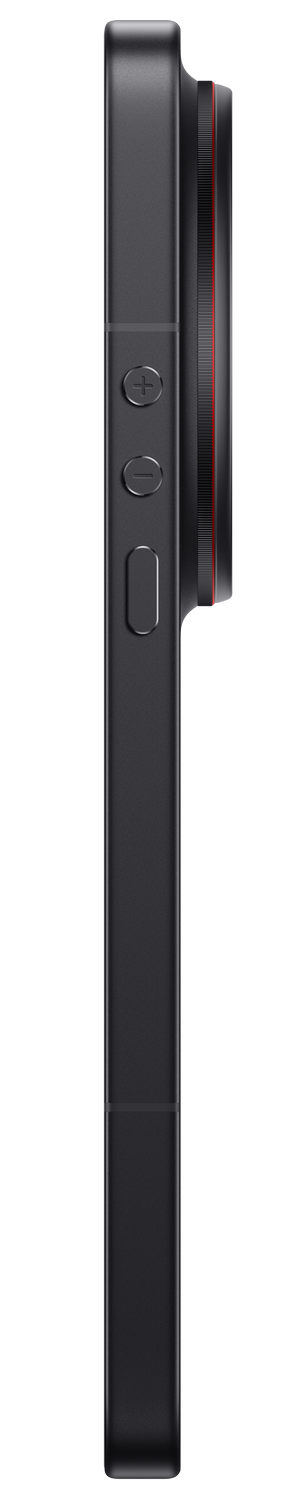 Smartphone gris oscuro de lado con anillo de lente y botones.