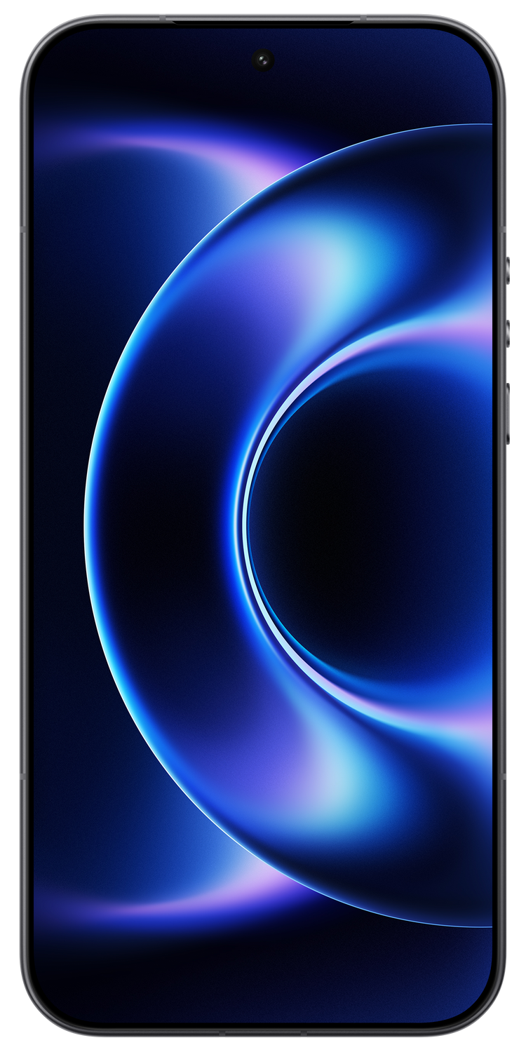 Un smartphone muestra un fondo abstracto azul y morado con efectos de luz.