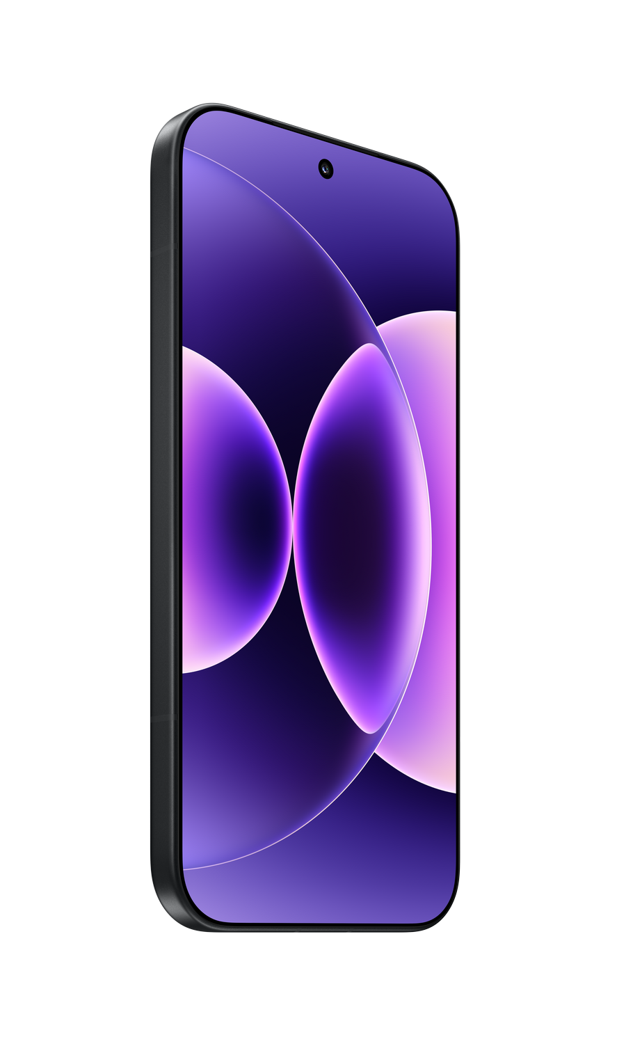 Un smartphone moderno con fondo degradado púrpura y rosa.