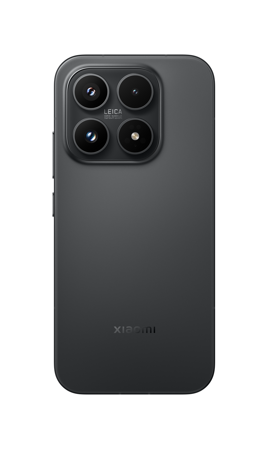 Parte trasera de un smartphone oscuro con cuatro cámaras Leica y logo Xiaomi.