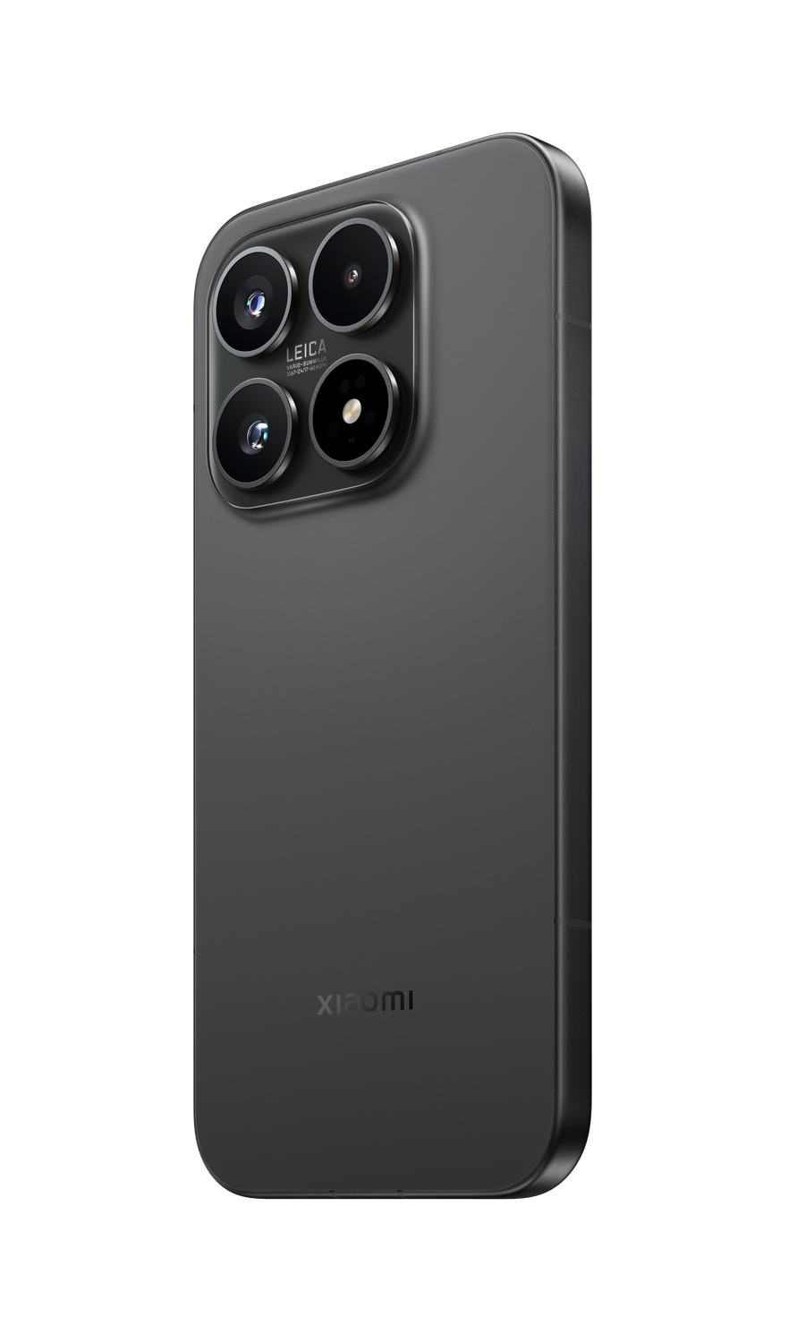 Teléfono inteligente gris oscuro con cuatro cámaras y logo Leica.