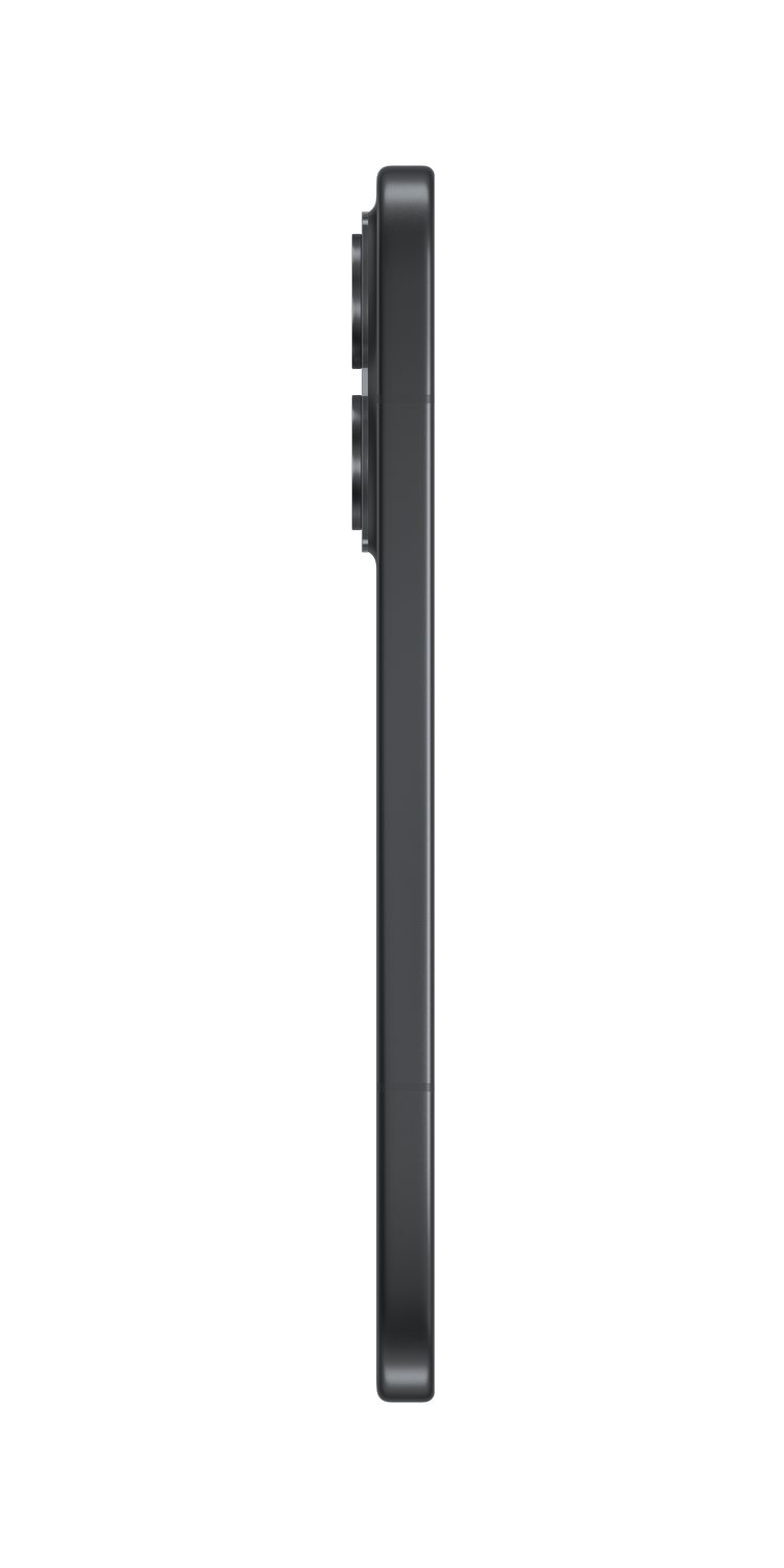 Teléfono inteligente gris oscuro de perfil lateral con tres lentes de cámara.
