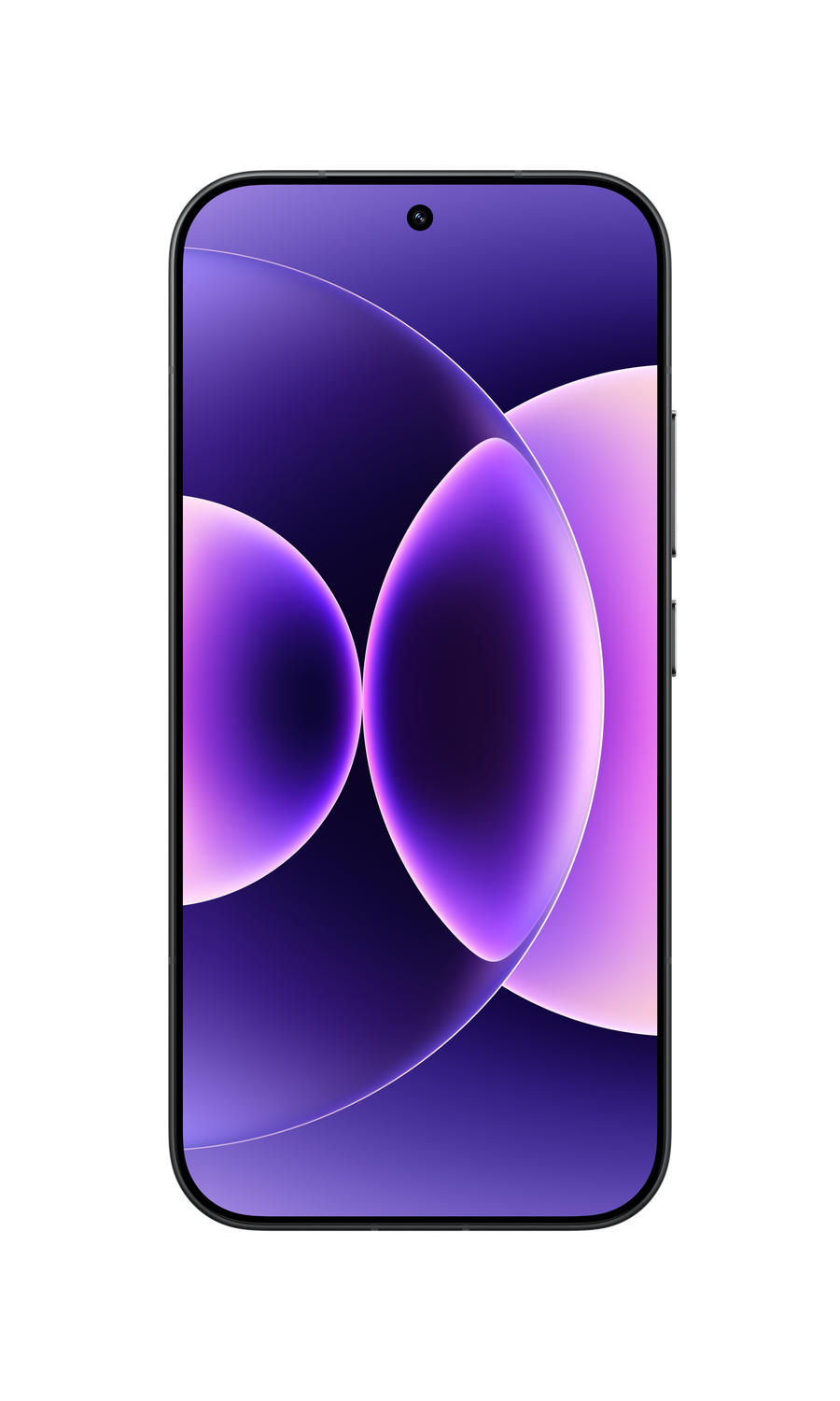 Un smartphone con un fondo de pantalla abstracto morado. La pantalla muestra dos formas ovaladas.