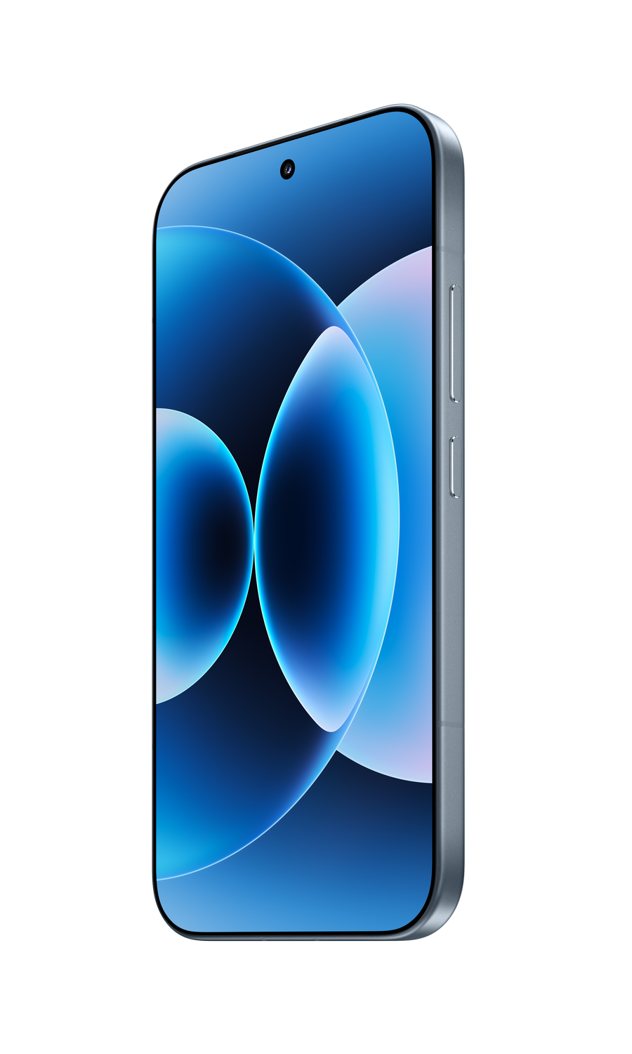 Un smartphone plateado con un fondo de pantalla abstracto azul y blanco se muestra en ángulo sobre un fondo gris.
