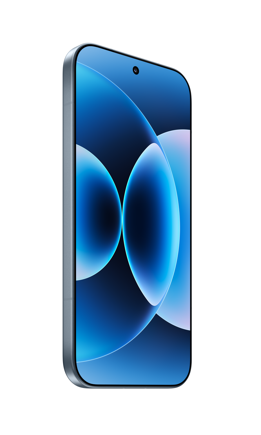 Un smartphone con fondo abstracto azul se muestra desde el lado derecho.