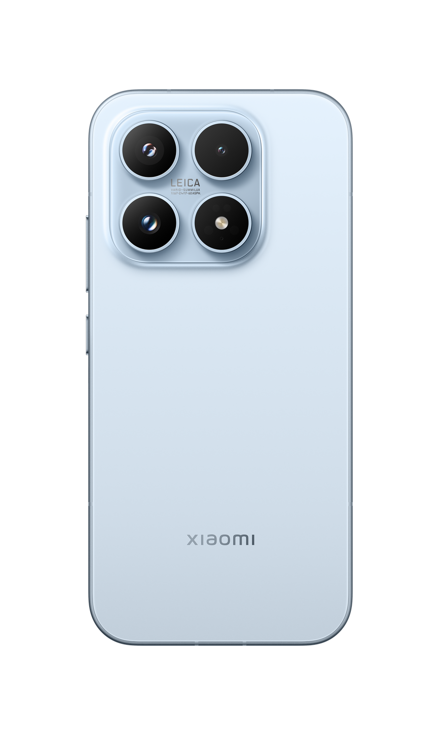 Un smartphone azul claro con configuración de cuatro cámaras y logo Leica.
