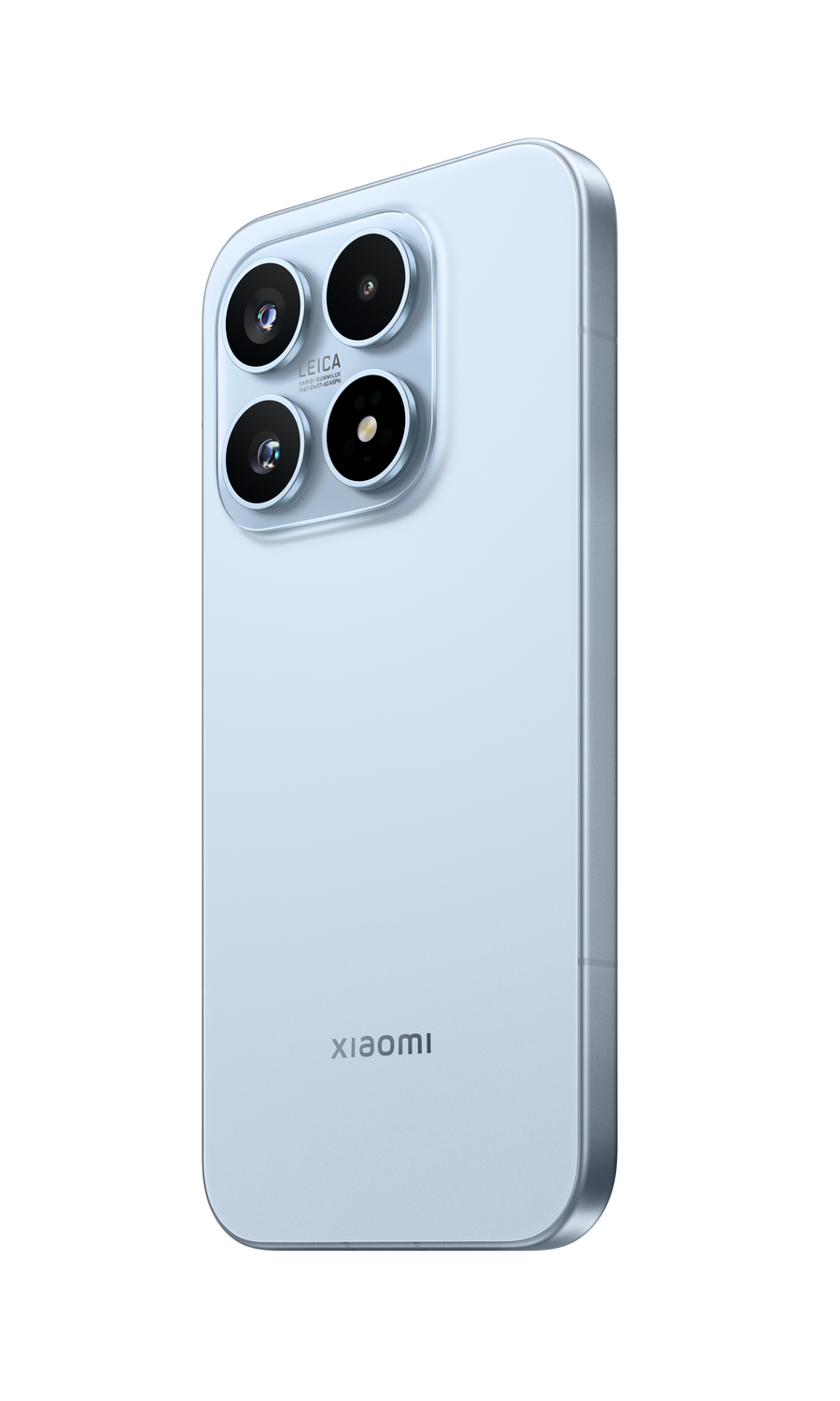 Un smartphone azul claro con cuatro cámaras y logo Leica.