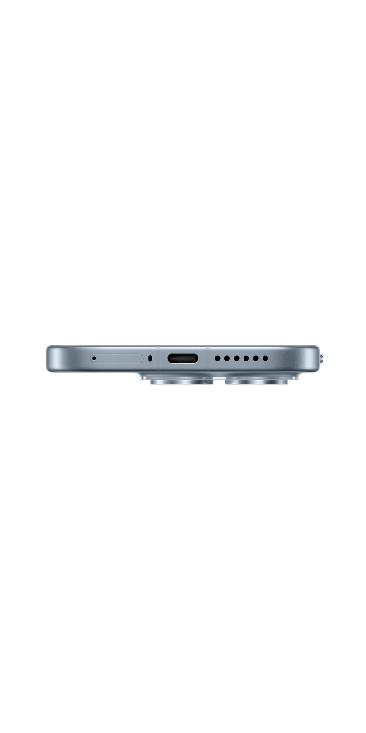 Vista lateral de un smartphone azul grisáceo con puerto USB-C y rejillas de altavoz.
