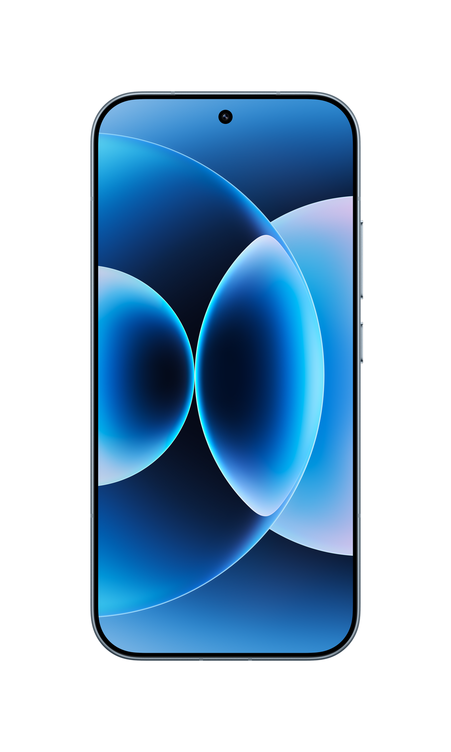 Un smartphone mostrando un fondo de pantalla azul y abstracto.