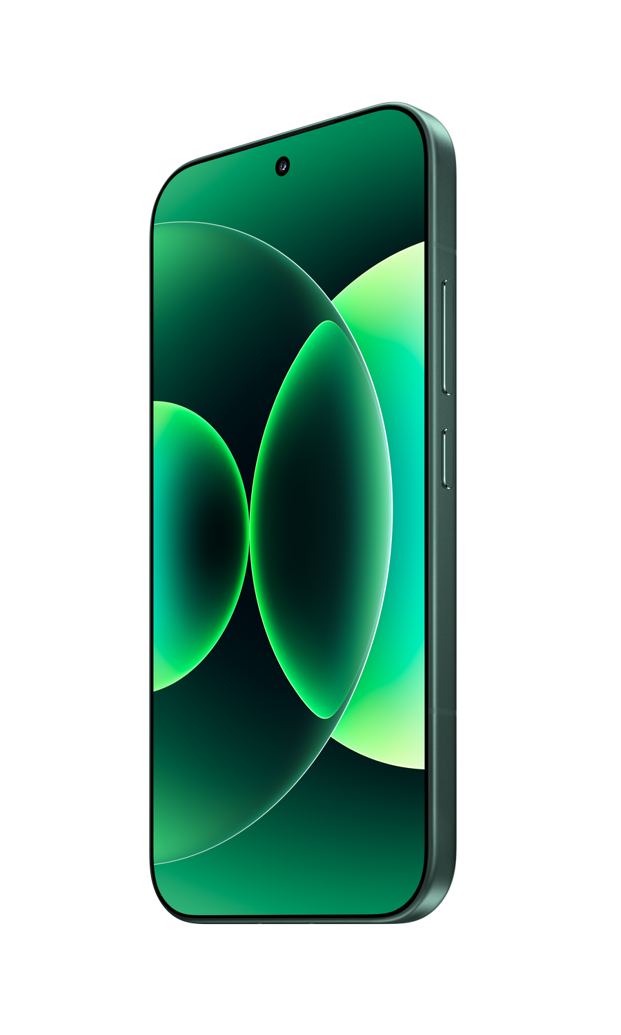 Un smartphone verde con un fondo abstracto y brillante.