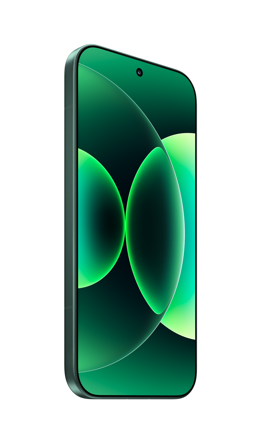 Teléfono inteligente verde con fondo de patrón ondulado, vista cercana.