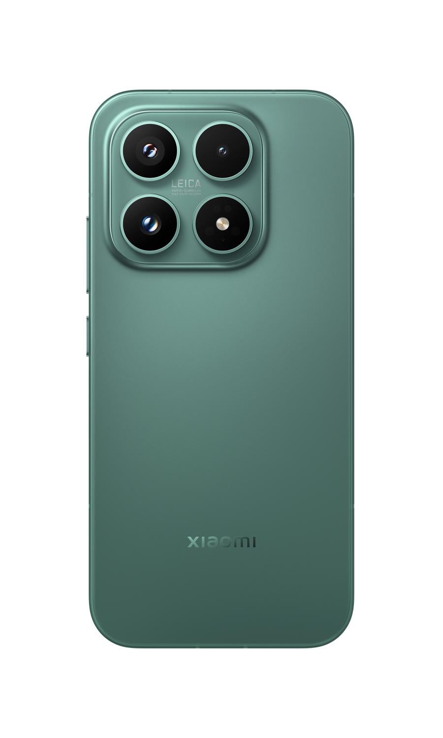 Teléfono inteligente verde con cuatro cámaras y marca Leica detrás.