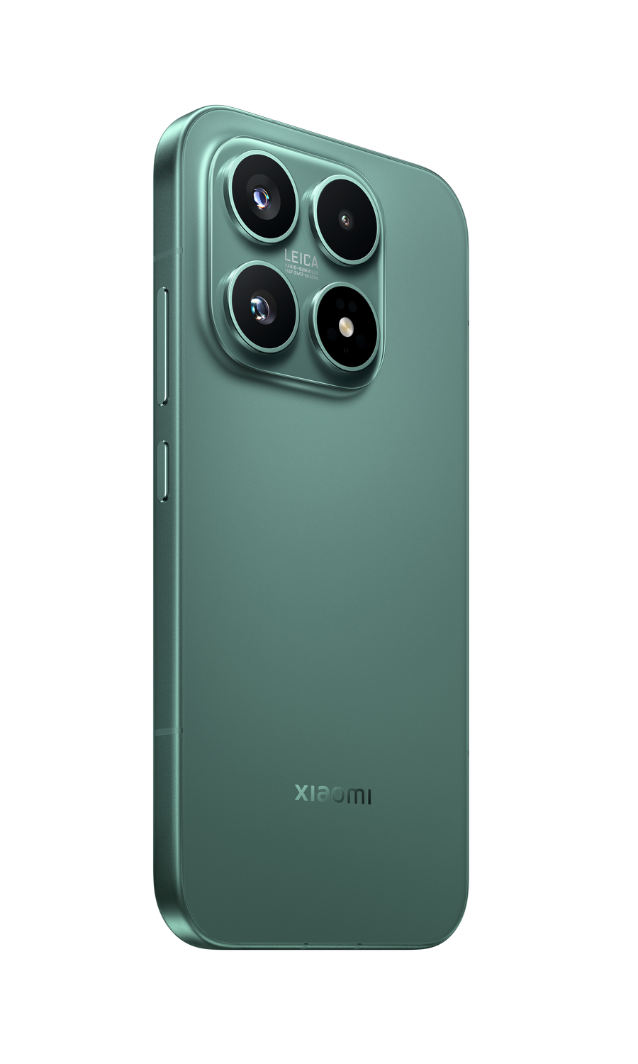 Parte trasera de un smartphone turquesa con cuatro cámaras y logo Leica.