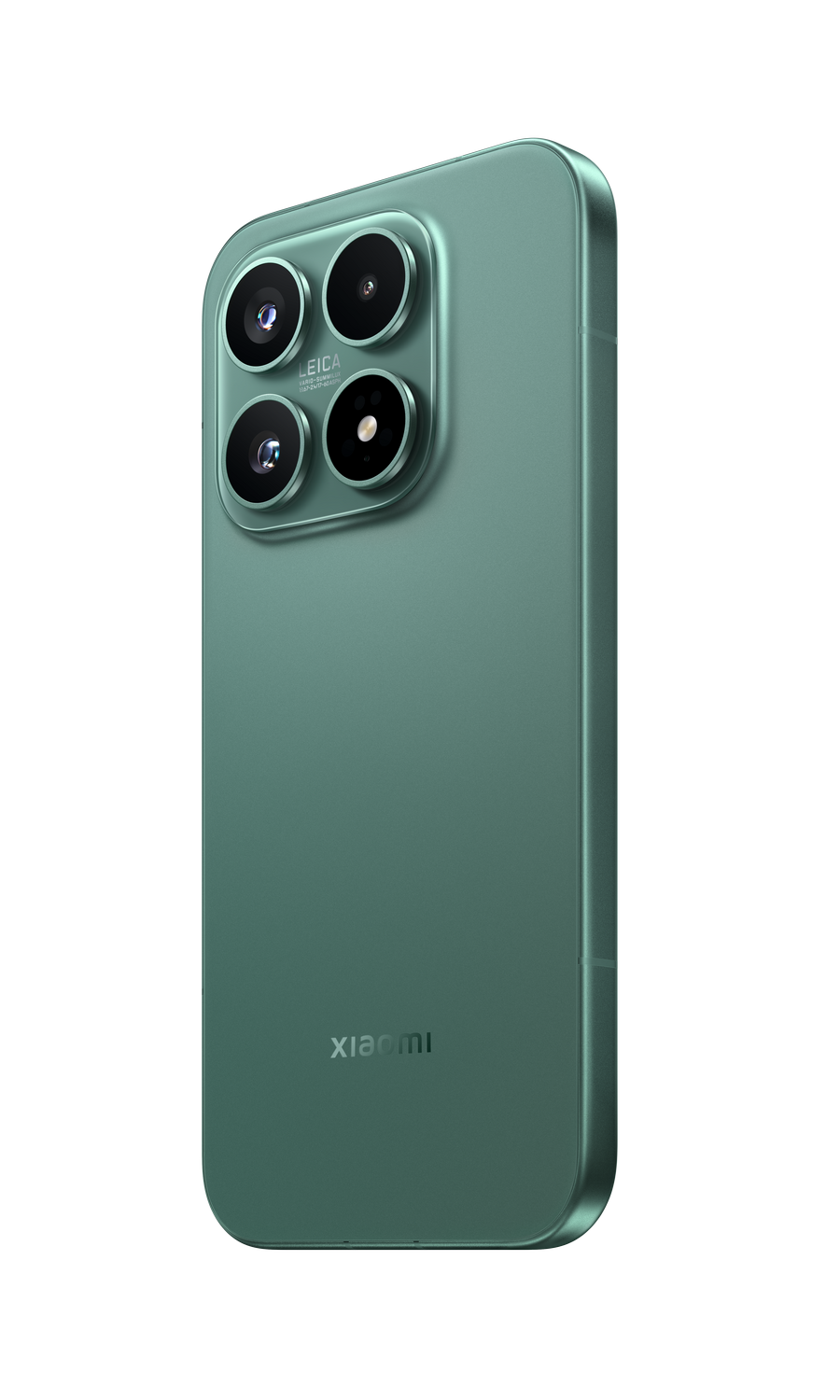 Parte trasera de un smartphone Xiaomi verde con cuatro cámaras y marca Leica.