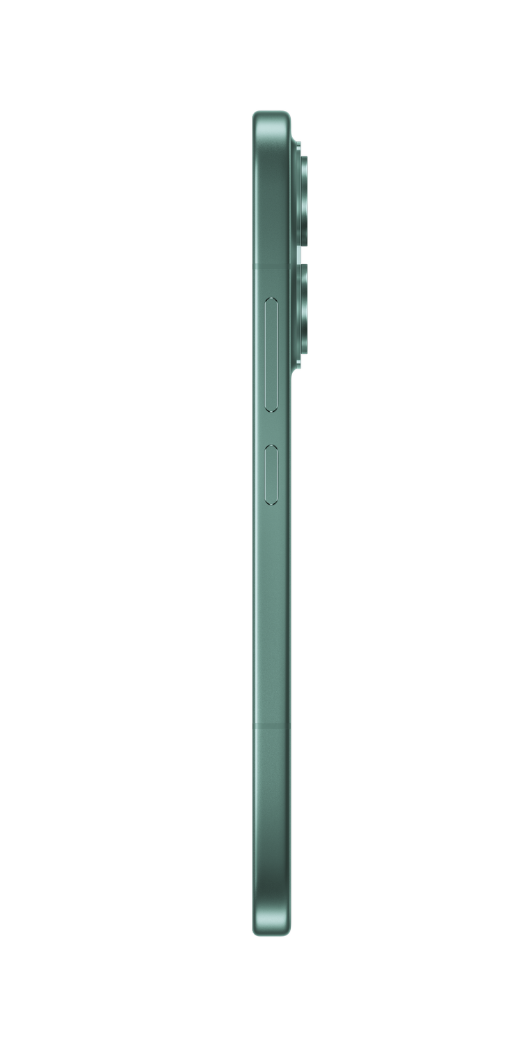 Teléfono inteligente verde en perfil, con lentes de cámara y botones laterales.