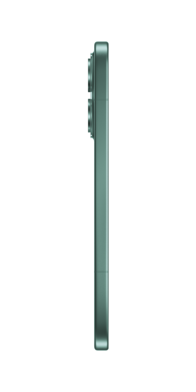 Teléfono inteligente verde azulado en perfil mostrando lentes de cámara.