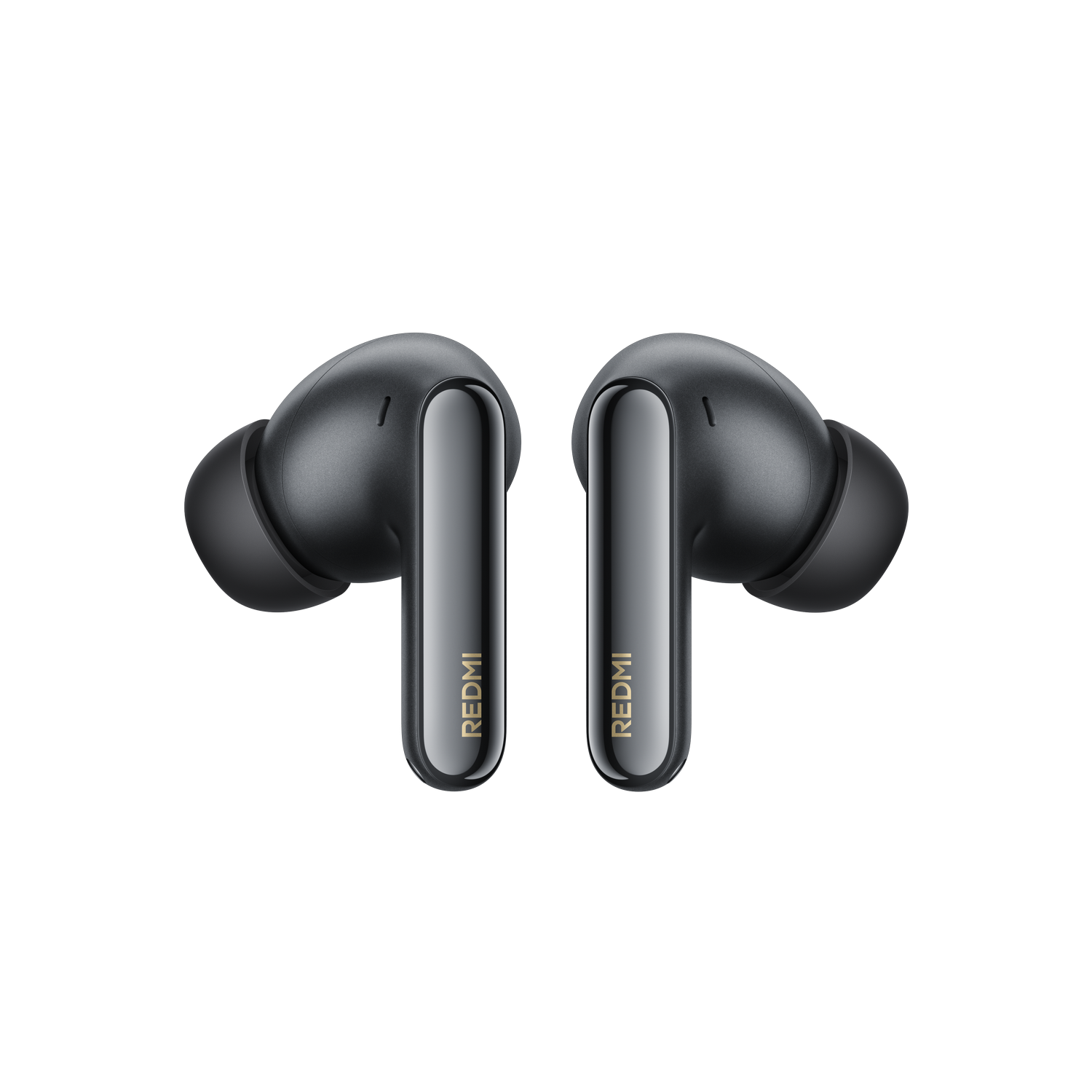 Dos auriculares inalámbricos negros con logo REDMI dorado sobre fondo gris.