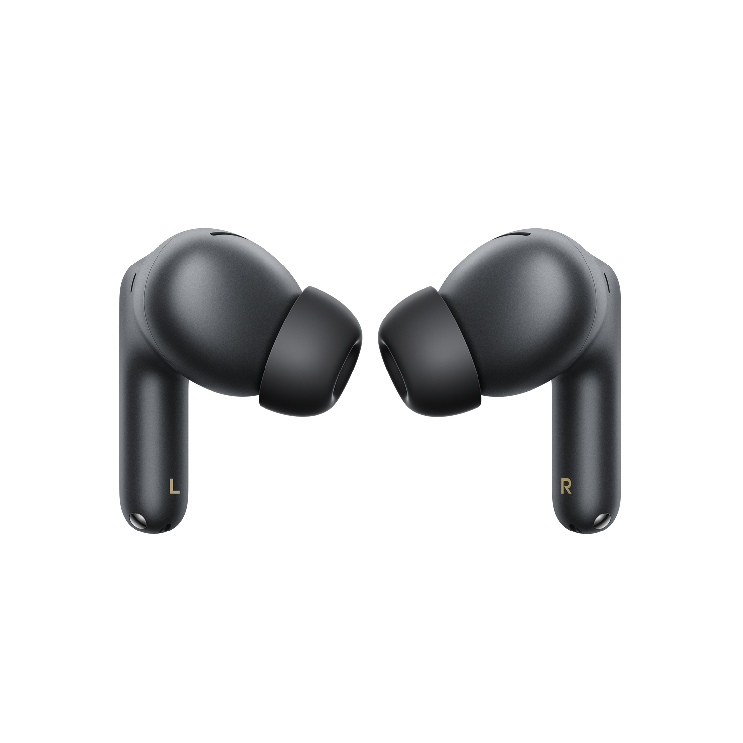 Dos auriculares inalámbricos oscuros, L y R, sobre fondo gris.