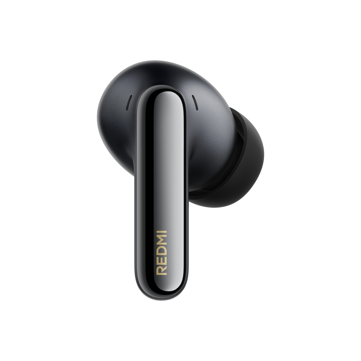 Un auricular inalámbrico negro con acento plateado y logo rojo.