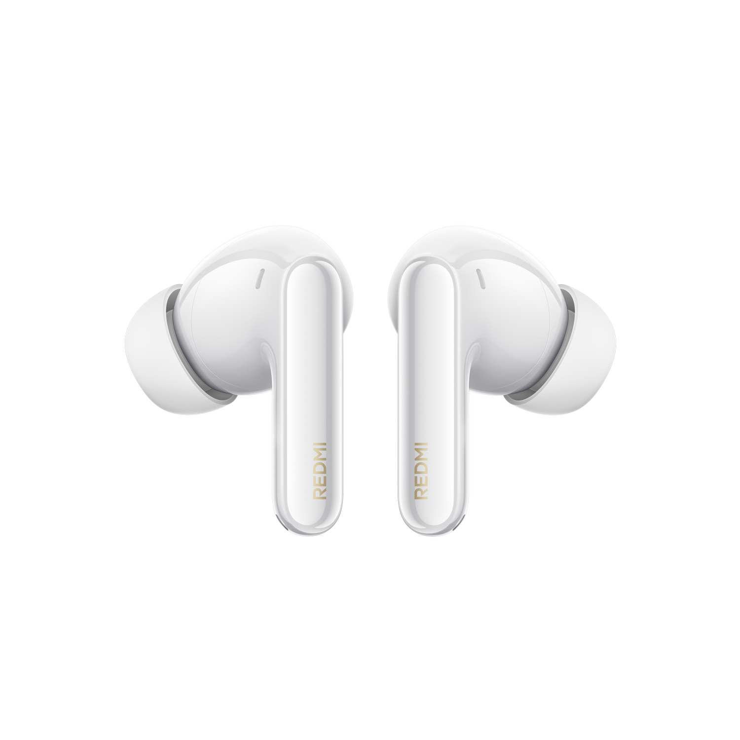 Dos auriculares blancos Redmi con letras doradas sobre fondo gris.