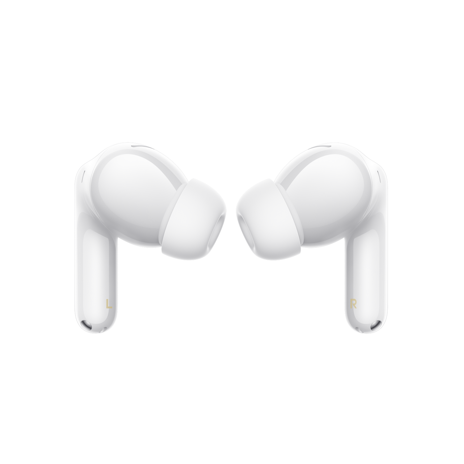 Dos auriculares inalámbricos blancos con tallos sobre fondo gris.
