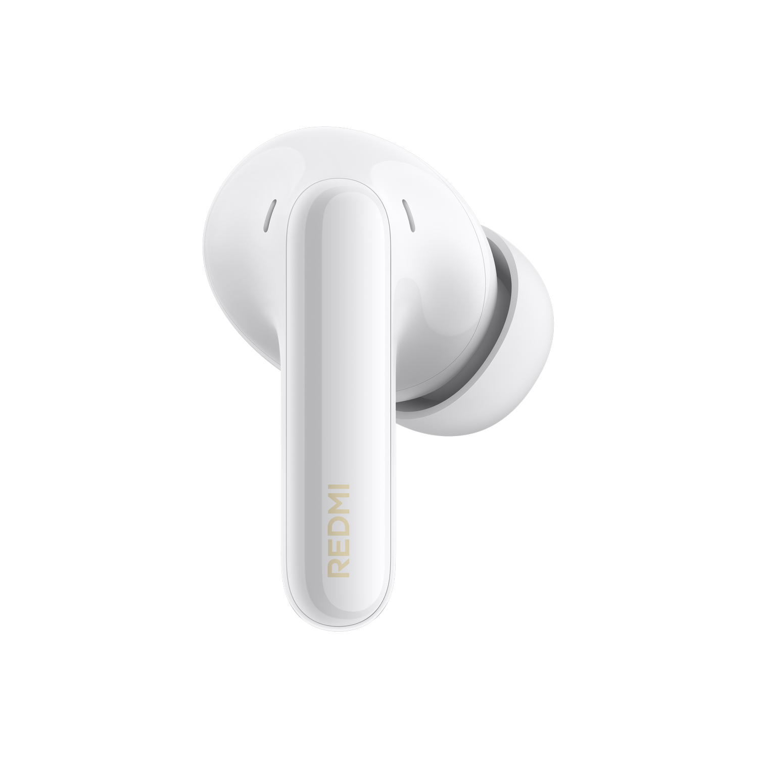 Auriculares blancos Redmi con logo dorado sobre fondo gris.