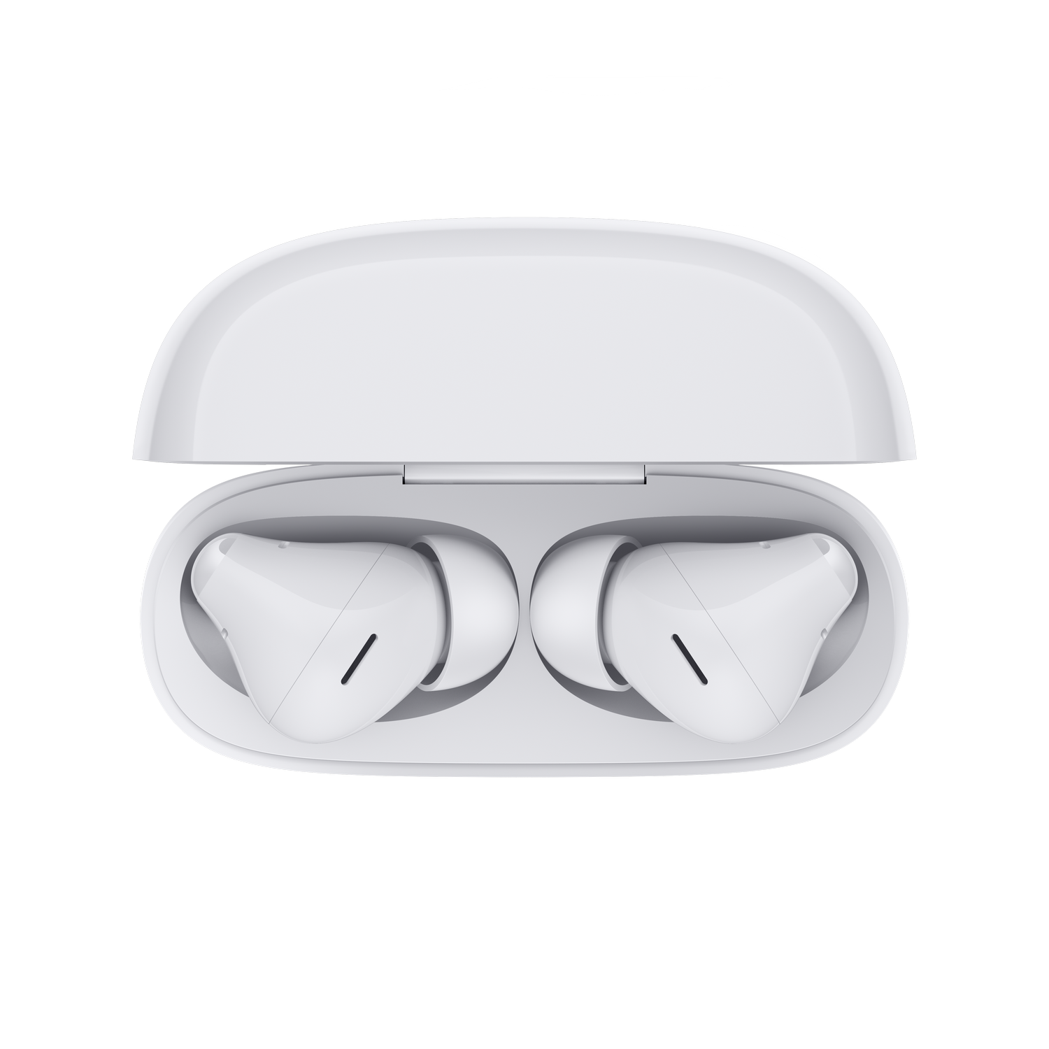 Auriculares inalámbricos blancos en un estuche de carga abierto sobre fondo gris.
