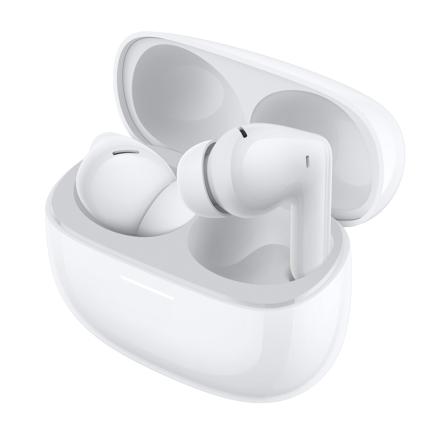 Auriculares inalámbricos blancos en un estuche de carga blanco abierto.