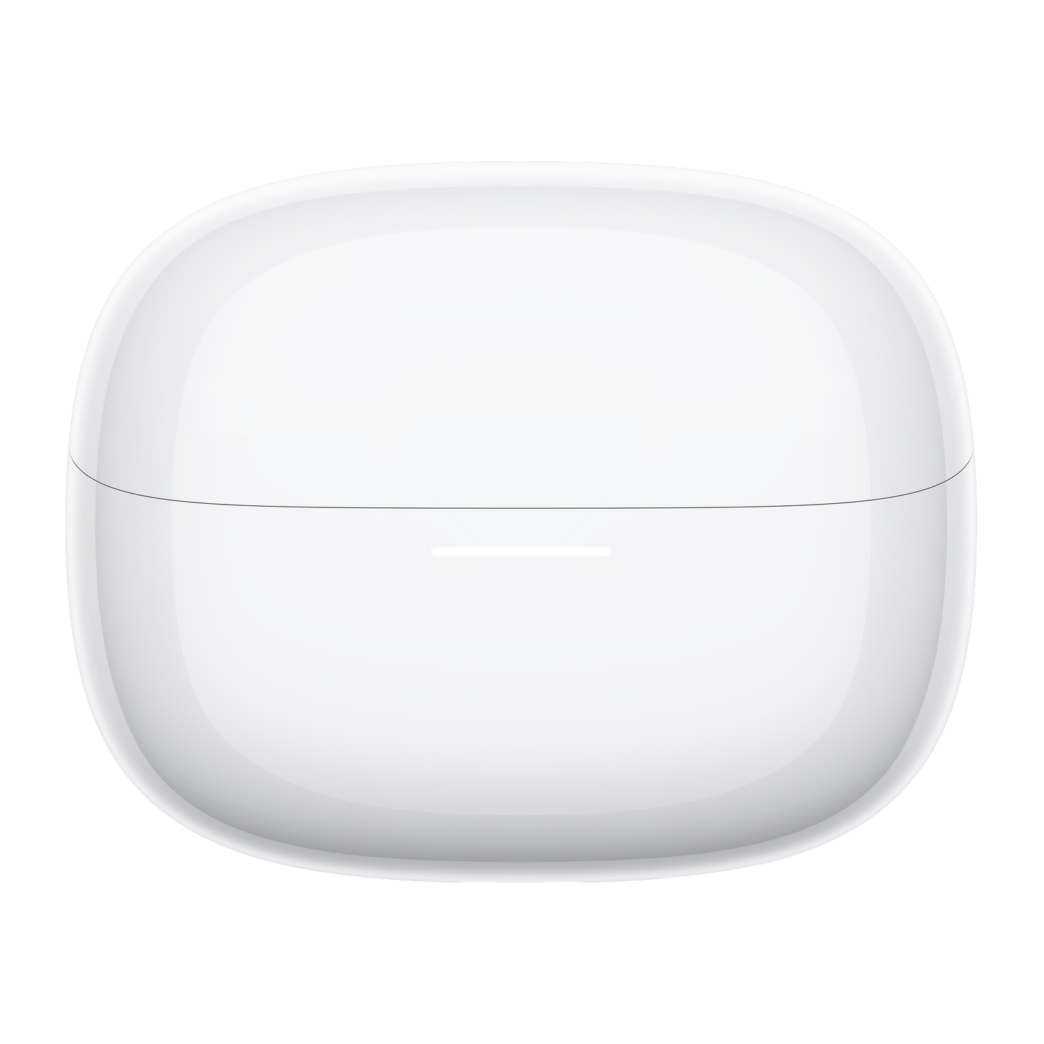 Un estuche de carga blanco y cerrado para auriculares con bordes redondeados.