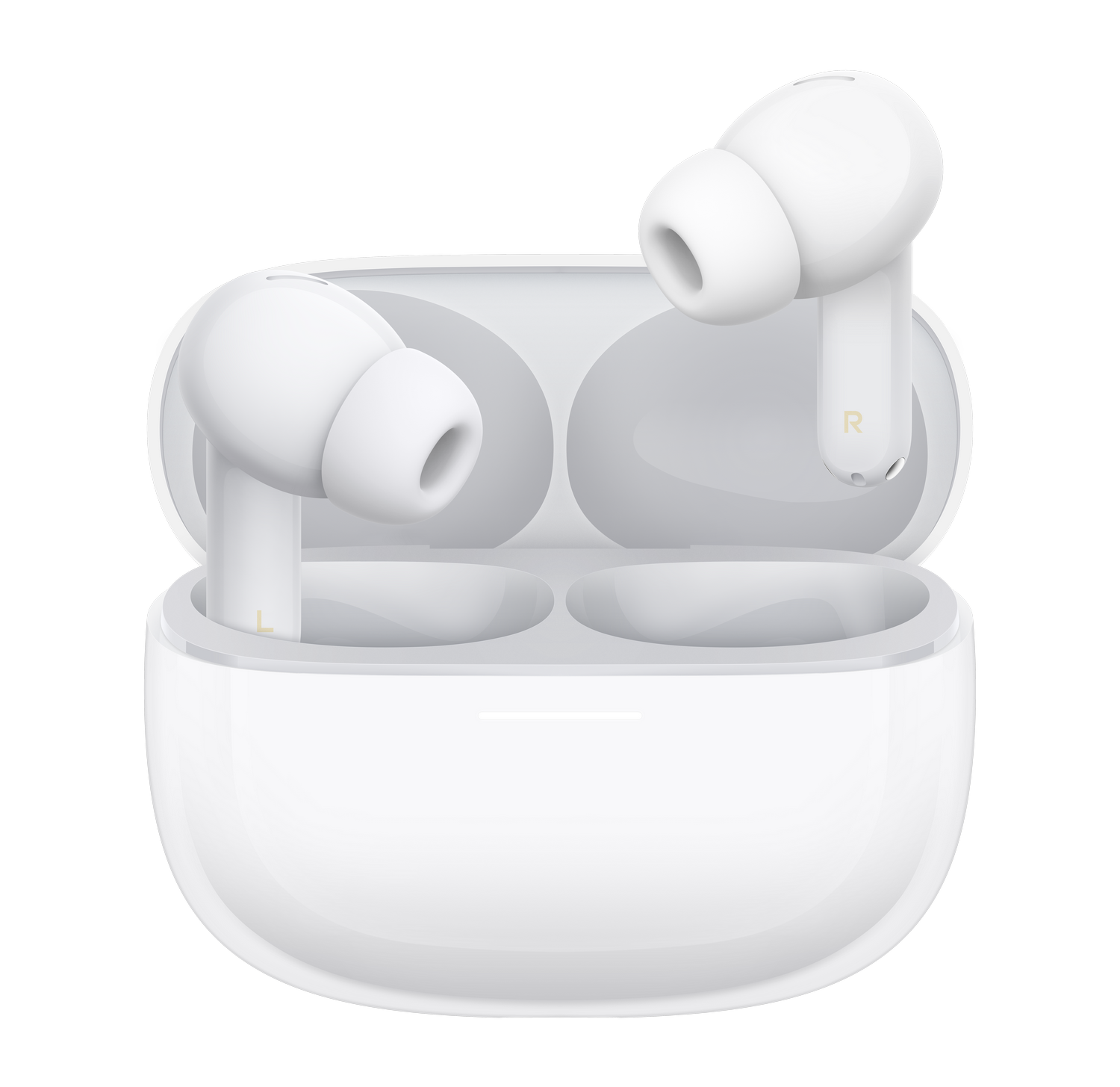Auriculares inalámbricos blancos en un estuche de carga, marcados L y R.