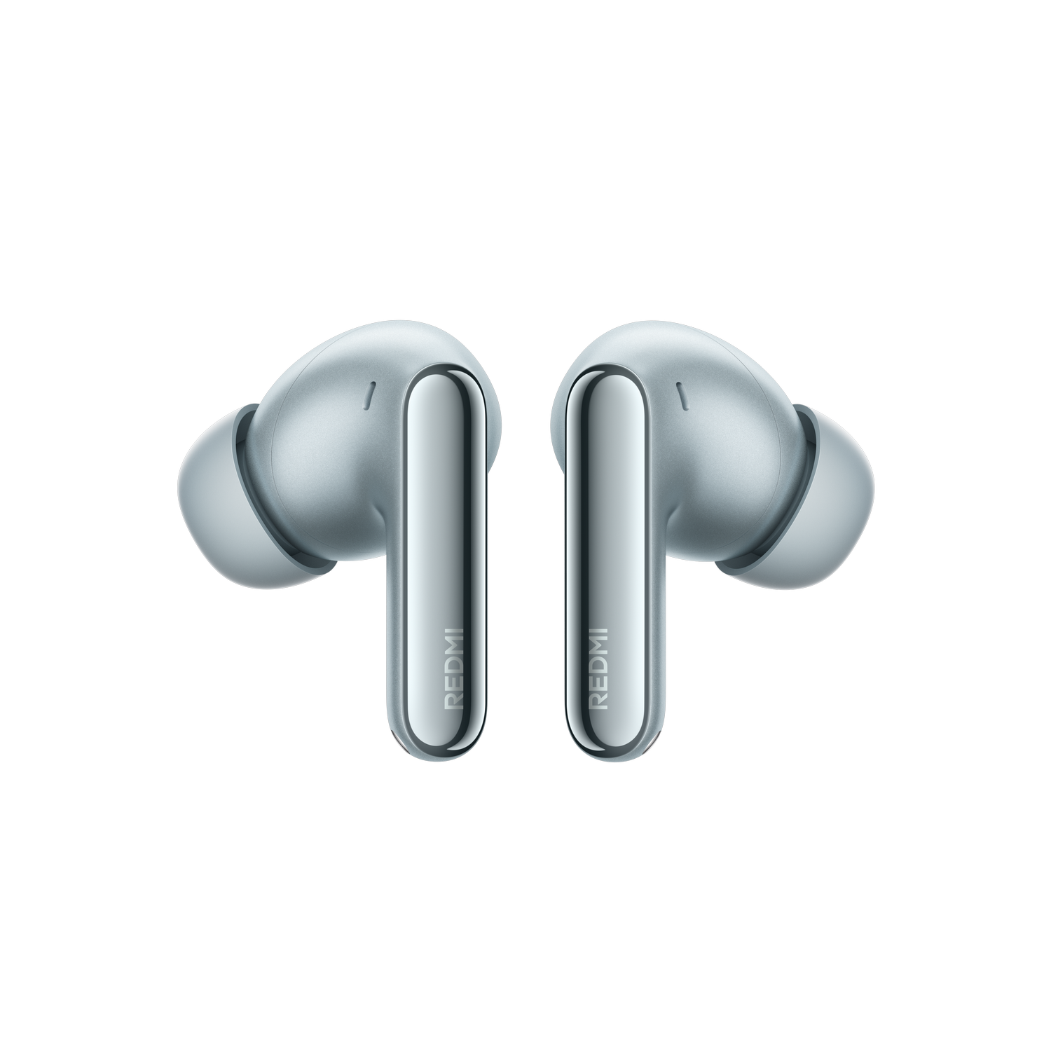 Dos auriculares inalámbricos blancos con tallos plateados sobre fondo gris.