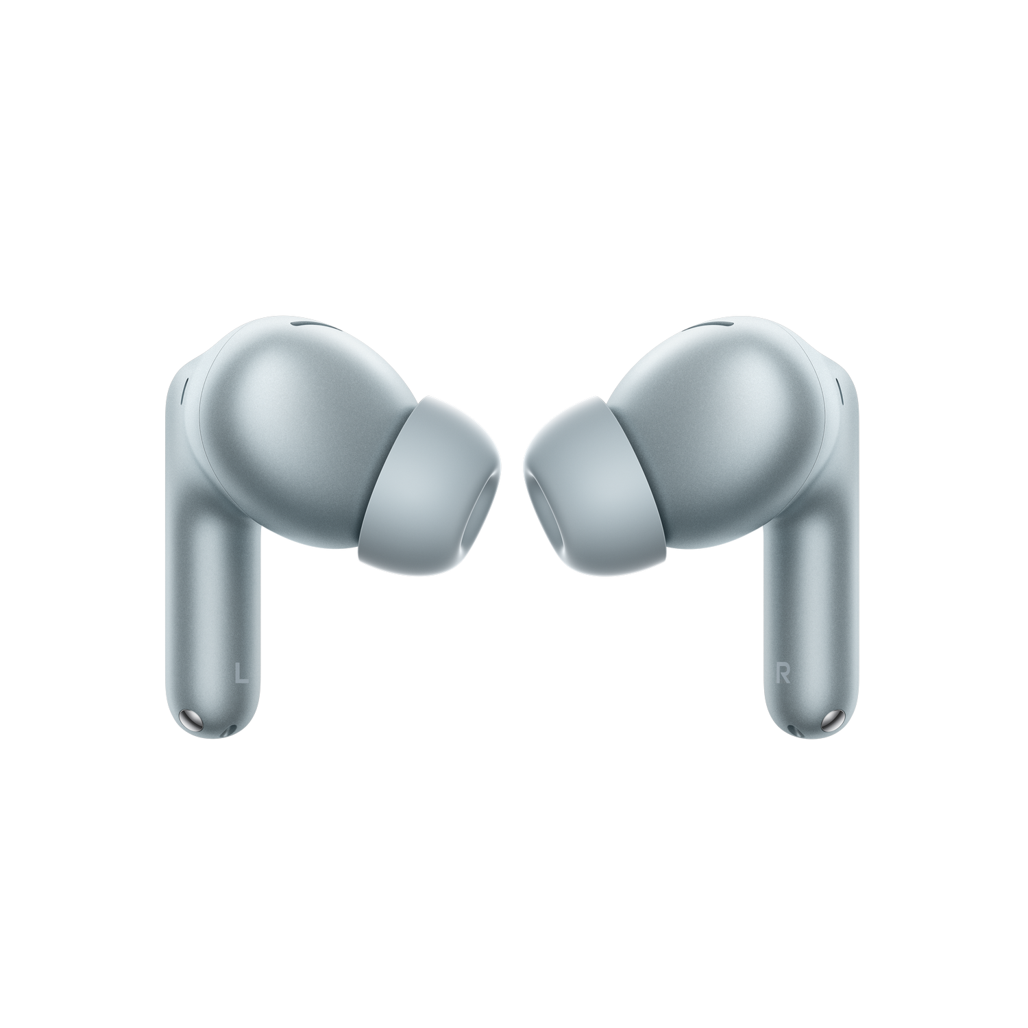 Dos auriculares azul claro con tallos, sobre fondo gris.