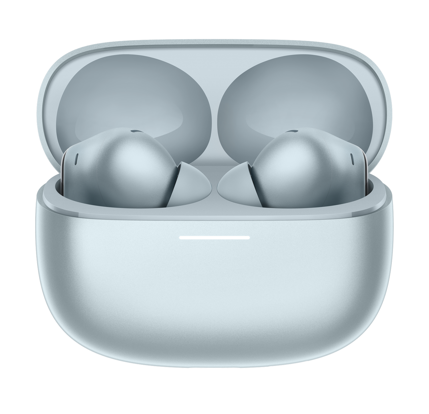Auriculares inalámbricos azul claro en un estuche de carga abierto con indicador blanco.