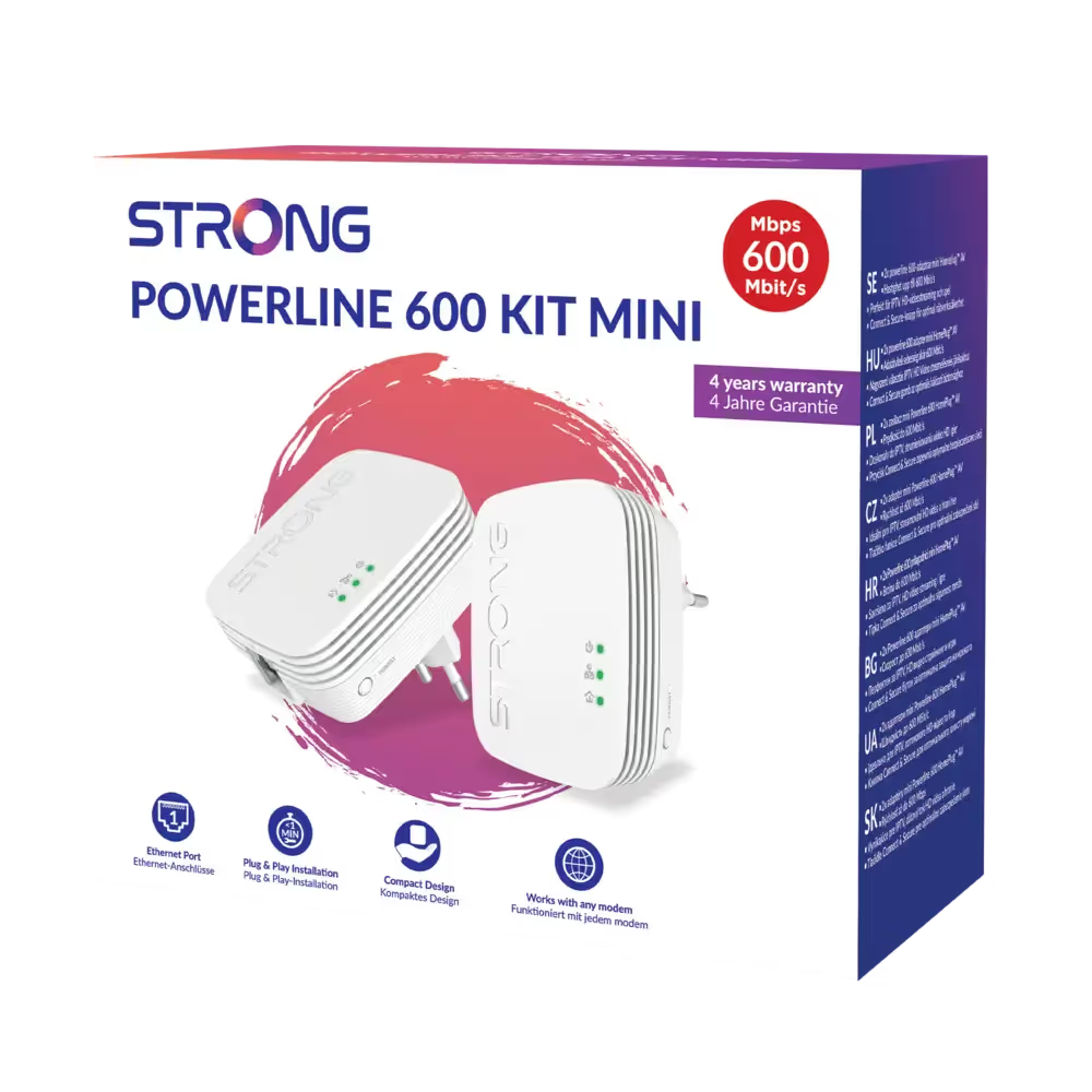 Caja con dos adaptadores STRONG Powerline 600 Kit Mini blancos, con detalles azules y rosas.