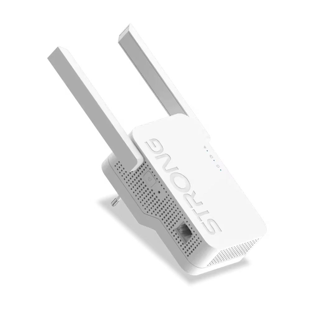Un repetidor Wi-Fi blanco con dos antenas y el logo STRONG.