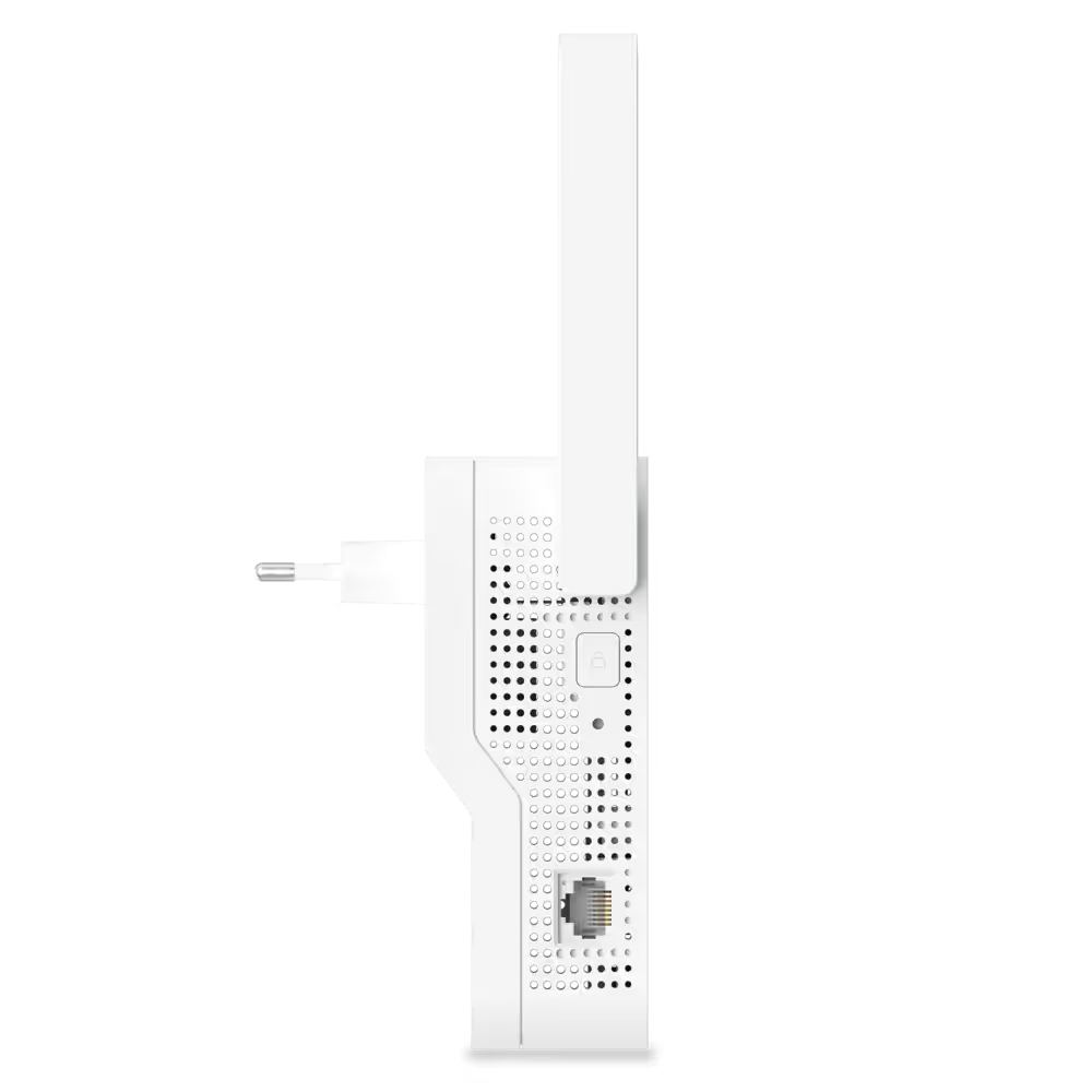 Extensor Wi-Fi blanco con antena desplegable y puerto Ethernet.