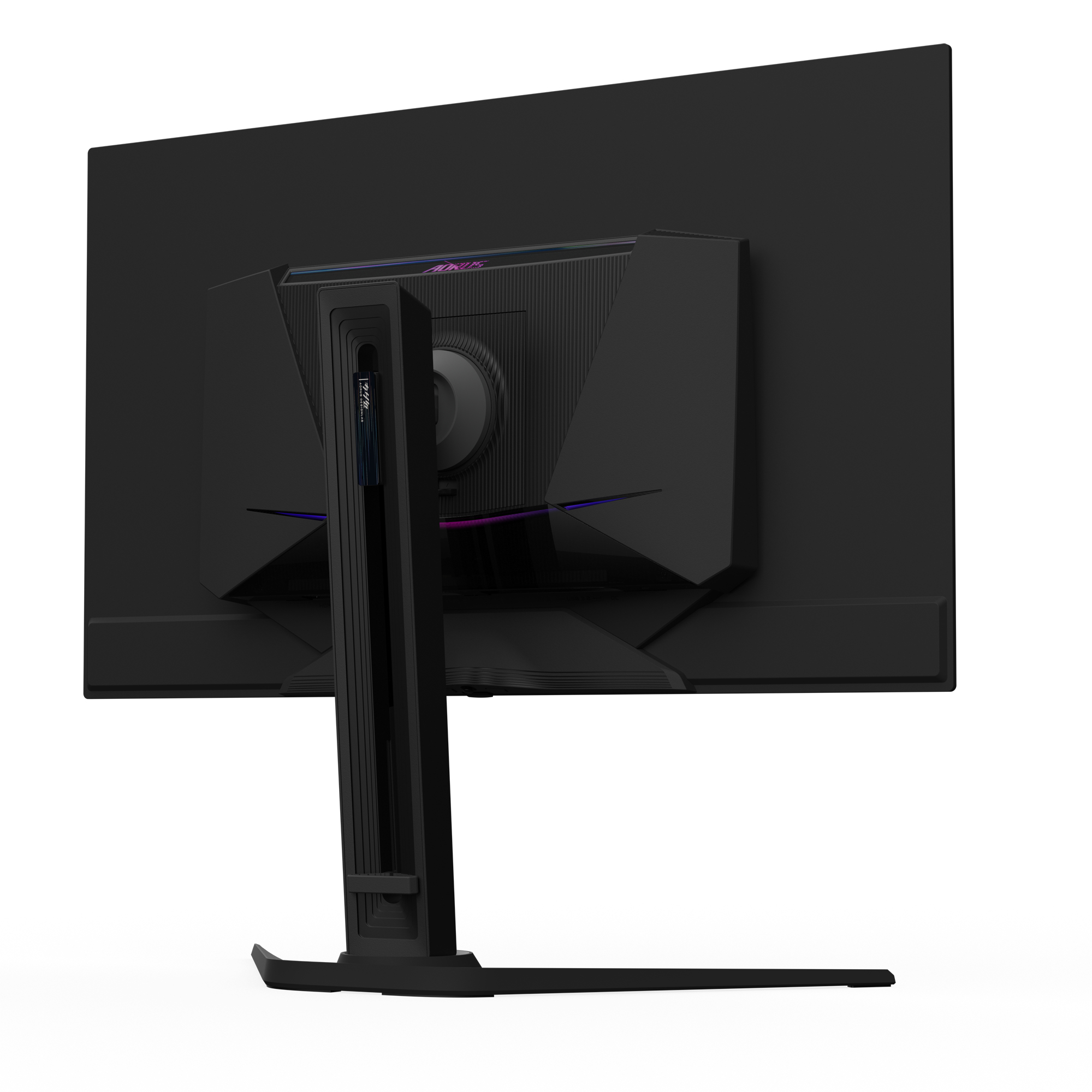 Vista trasera de un monitor negro con su soporte e iluminación RGB.
