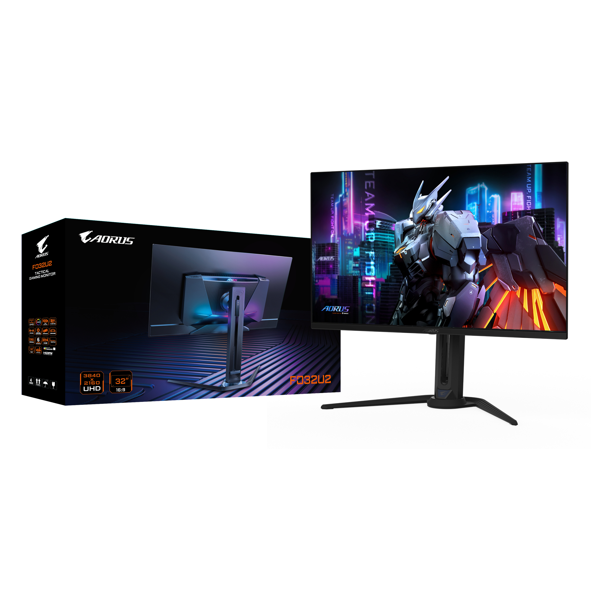 Monitor Gaming AORUS con pantalla de diseño robótico y caja.