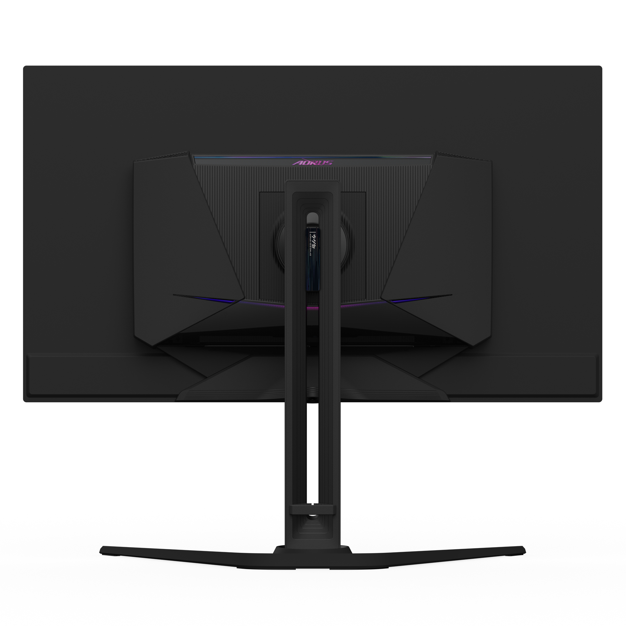 Vista trasera de un monitor negro con logo AORUS e iluminación RGB.